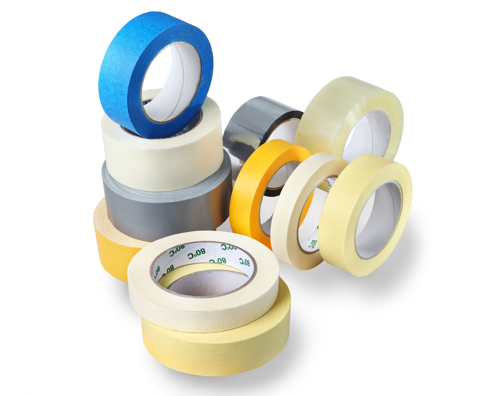 Several rolls of adhesive tapes different colors, sizes, purp